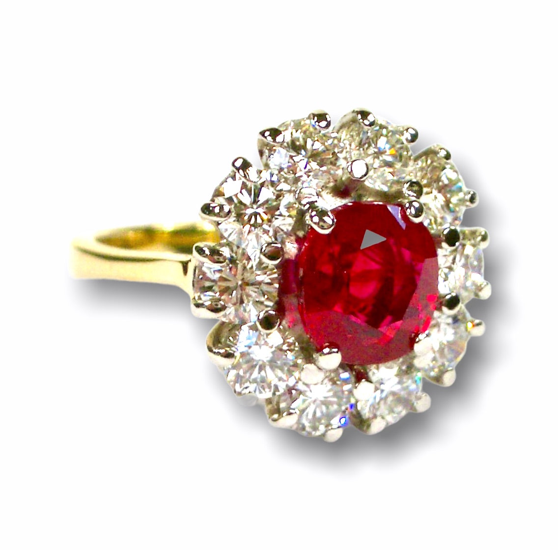 Maura's Custom Bespoke Cluster Ring Gifted By Philip For 40th Wedding Anniversary  | In 18ct Yellow Gold And Platinum | Set With A Cushion Ruby And Diamonds
