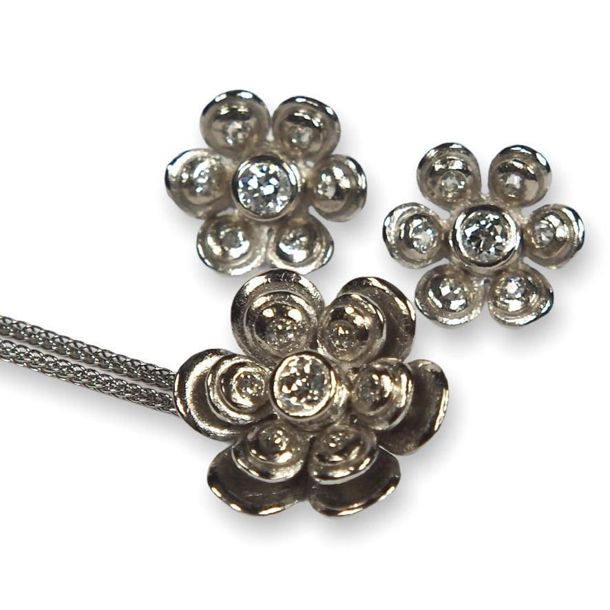 Poppy&#39;s Custom Bespoke Flower Pendant And Stud Earrings Bridal Set  | In 18ct White Gold And Palladium | Set With Family Diamonds