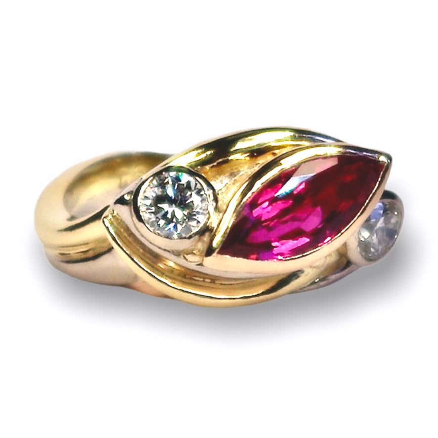 Etta&#39;s Custom Bespoke Curve Ring For 40th Wedding Anniversary  | In 18ct Yellow, White And Red Gold | Set With A Marquise Ruby And Diamonds