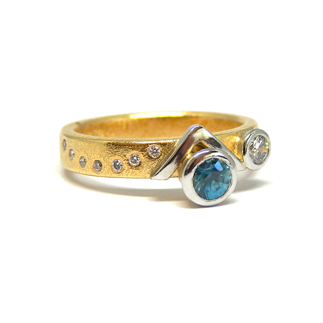 Roccio&#39;s Custom Bespoke Sea Shore Shaped Stacker Ring | In 18ct Yellow Gold And Platinum | Set With Blue Zircon And Diamonds