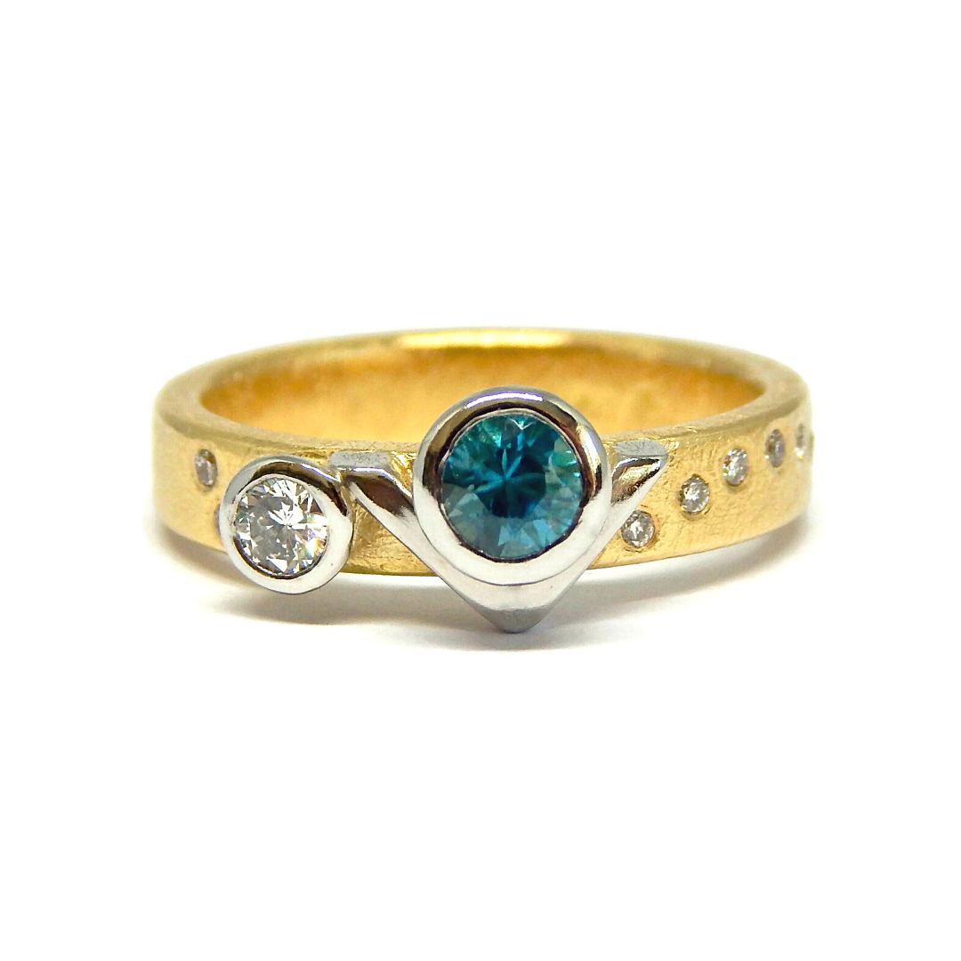 Roccio&#39;s Custom Bespoke Sea Shore Shaped Stacker Ring | In 18ct Yellow Gold And Platinum | Set With Blue Zircon And Diamonds