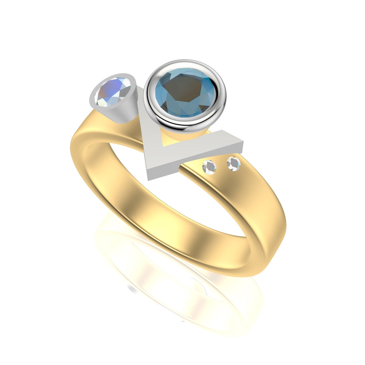 Roccio&#39;s Custom Bespoke Sea Shore Shaped Stacker Ring | In 18ct Yellow Gold And Platinum | Set With Blue Zircon And Diamonds