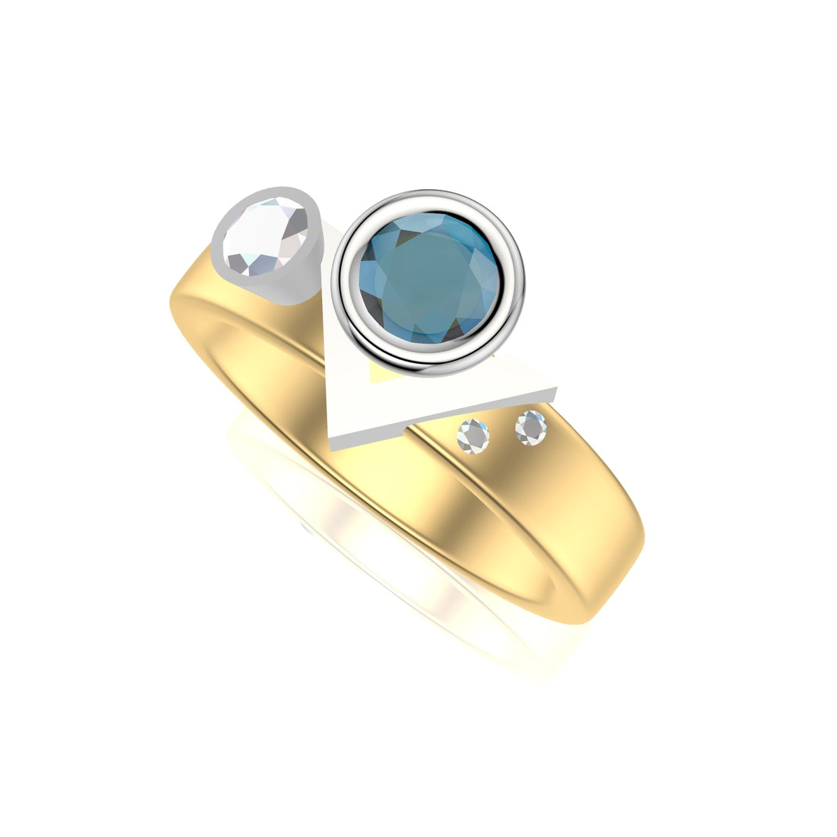 Roccio&#39;s Custom Bespoke Sea Shore Shaped Stacker Ring | In 18ct Yellow Gold And Platinum | Set With Blue Zircon And Diamonds