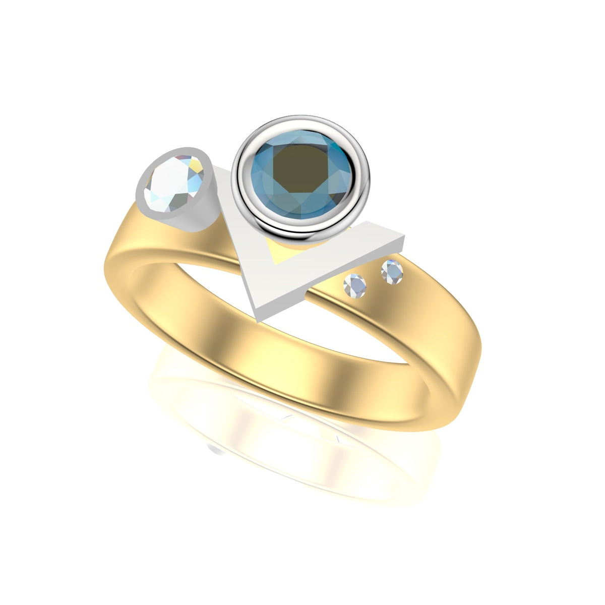 Roccio&#39;s Custom Bespoke Sea Shore Shaped Stacker Ring | In 18ct Yellow Gold And Platinum | Set With Blue Zircon And Diamonds