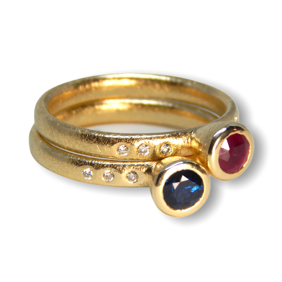 Charlotte&#39;s Custom Bespoke Tulip Stacker Ring Set  | In 9ct Yellow Gold | Set With A Blue Sapphire, Ruby And Diamonds