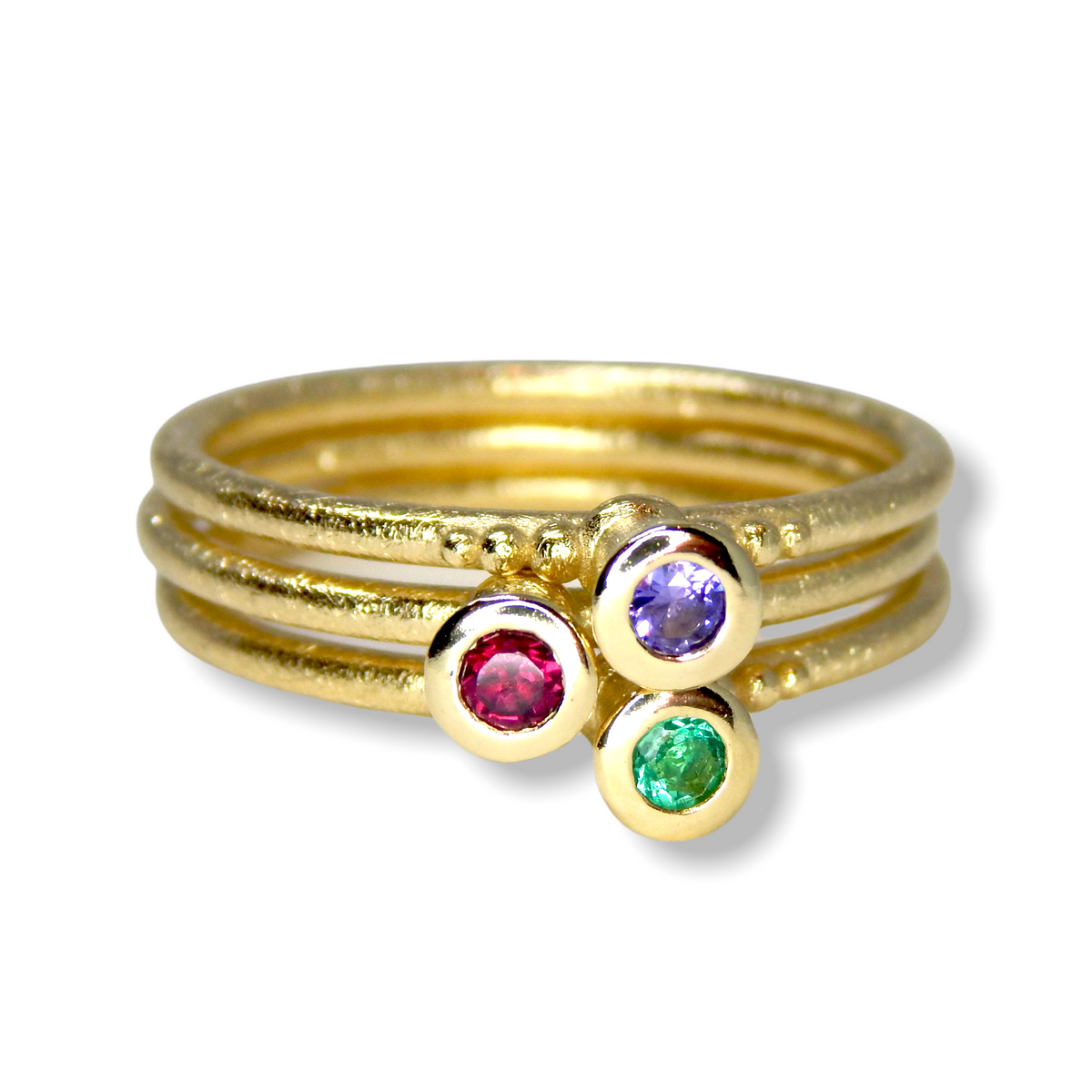 Victoria&#39;s Custom Bespoke Victoria Stacker Ring Set  | In 9ct Yellow Gold | Set With An Emerald, Lilac Sapphire And Rhodolite Garnet