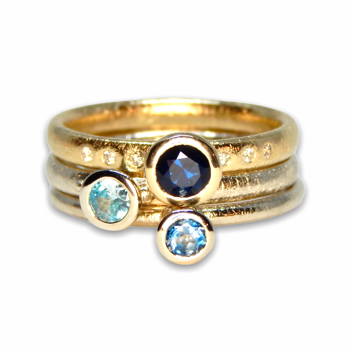 Charlotte&#39;s Custom Bespoke Blue Stacker Ring Set  | In 9ct Yellow Gold | Set With A Blue Sapphire, Blue Topaz, Blue Zircon, Tanzanite And Diamonds