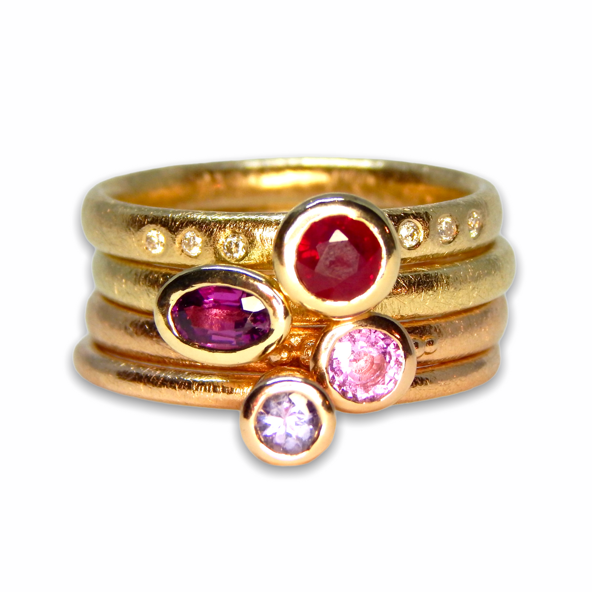 Charlotte&#39;s Custom Bespoke Red Stacker Ring Set  | In 9ct Yellow Gold | Set With A Lilac Sapphire, Pink Sapphire, Rhodolite Garnet, Ruby And Diamonds