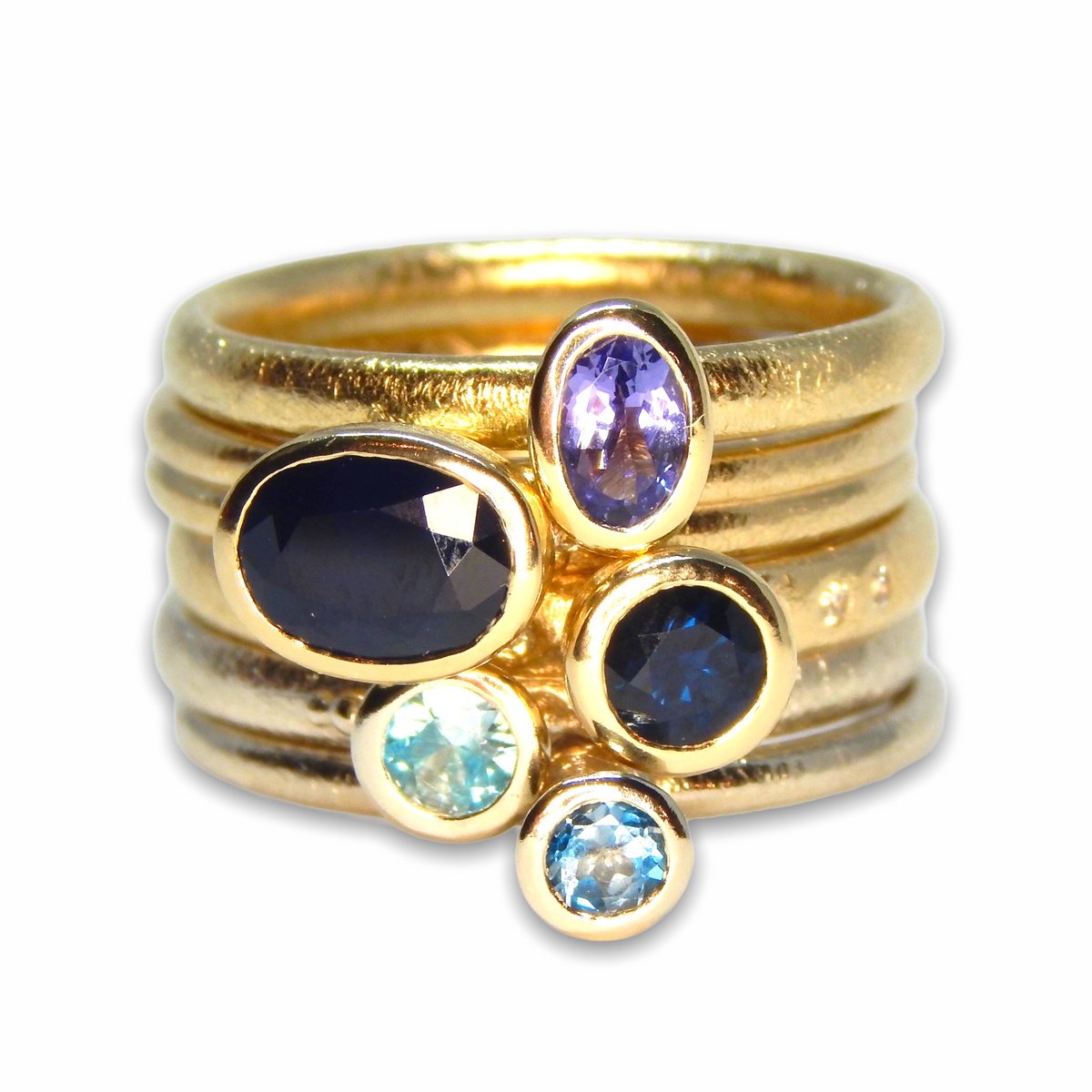 Charlotte&#39;s Custom Bespoke Blue Stacker Ring Set  | In 9ct Yellow Gold | Set With A Blue Sapphire, Blue Topaz, Blue Zircon, Tanzanite And Diamonds