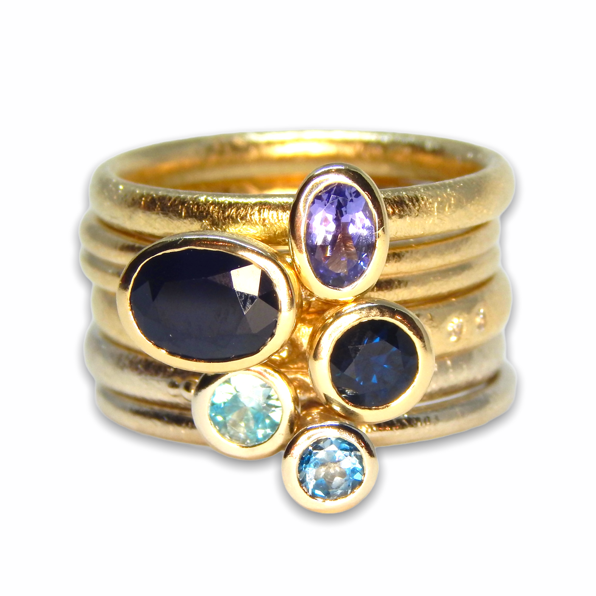 Charlotte's Custom Bespoke Blue Stacker Ring Set  | In 9ct Yellow Gold | Set With A Blue Sapphire, Blue Topaz, Blue Zircon, Tanzanite And Diamonds