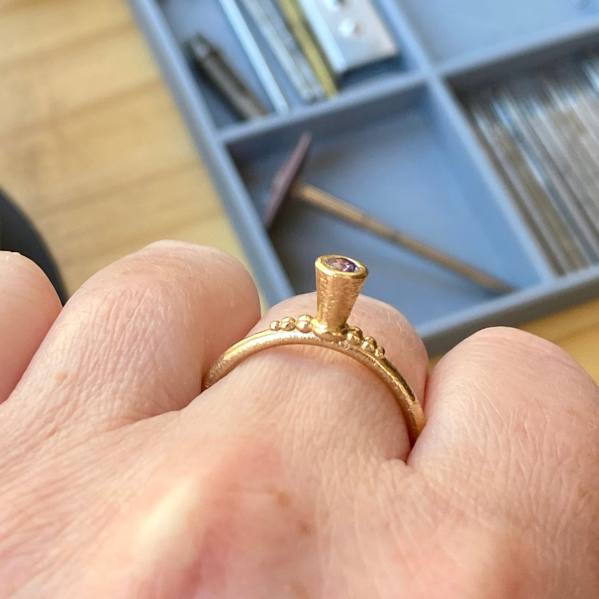 Victoria V-Cone Shaped Stacker | 9ct Gold Stacking Ring With Granules | Pink Purple Sapphire | Size P