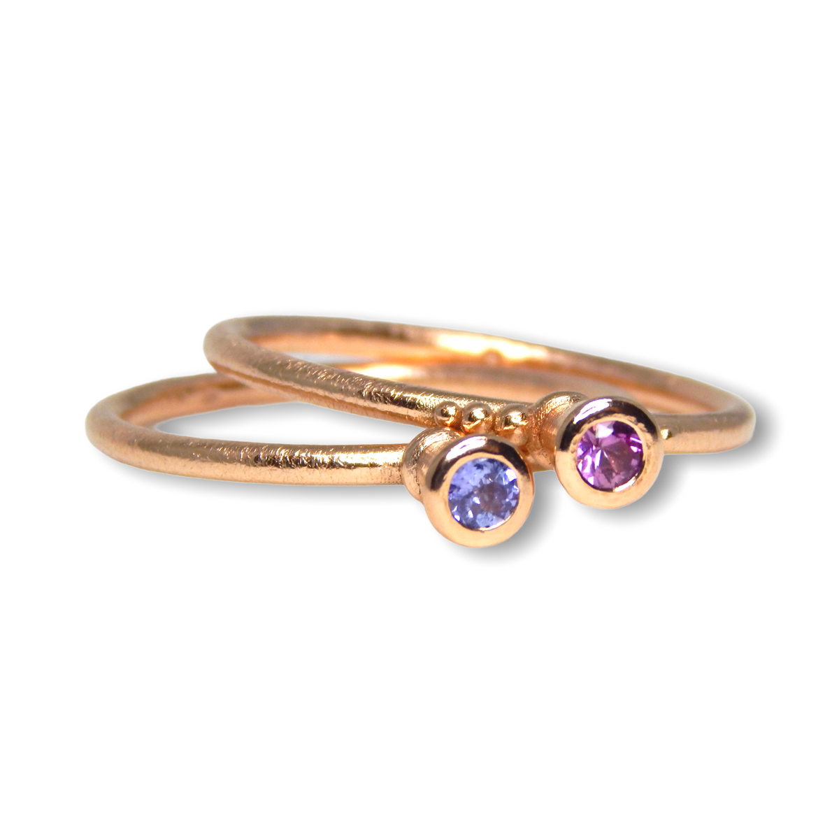 Victoria&#39;s Custom Bespoke Victoria Stacker Ring Set  | In 9ct Red Gold | Set With A Pink Sapphire, Ruby And Tanzanite