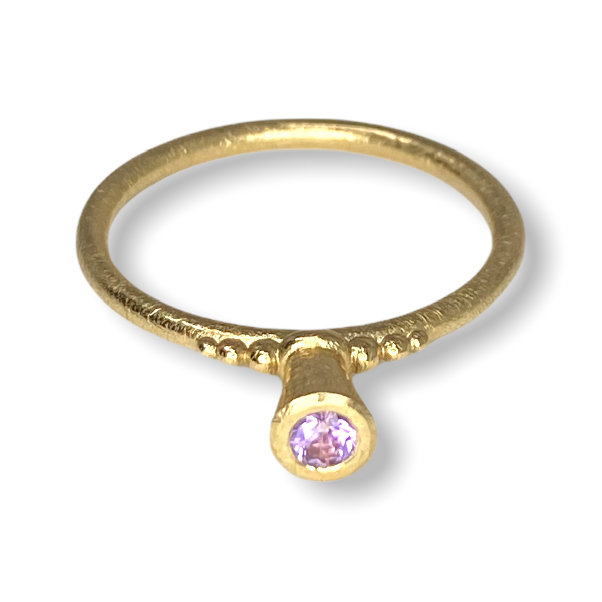 Victoria V-Cone Shaped Stacker | 9ct Gold Stacking Ring With Granules | Pink Purple Sapphire | Size P