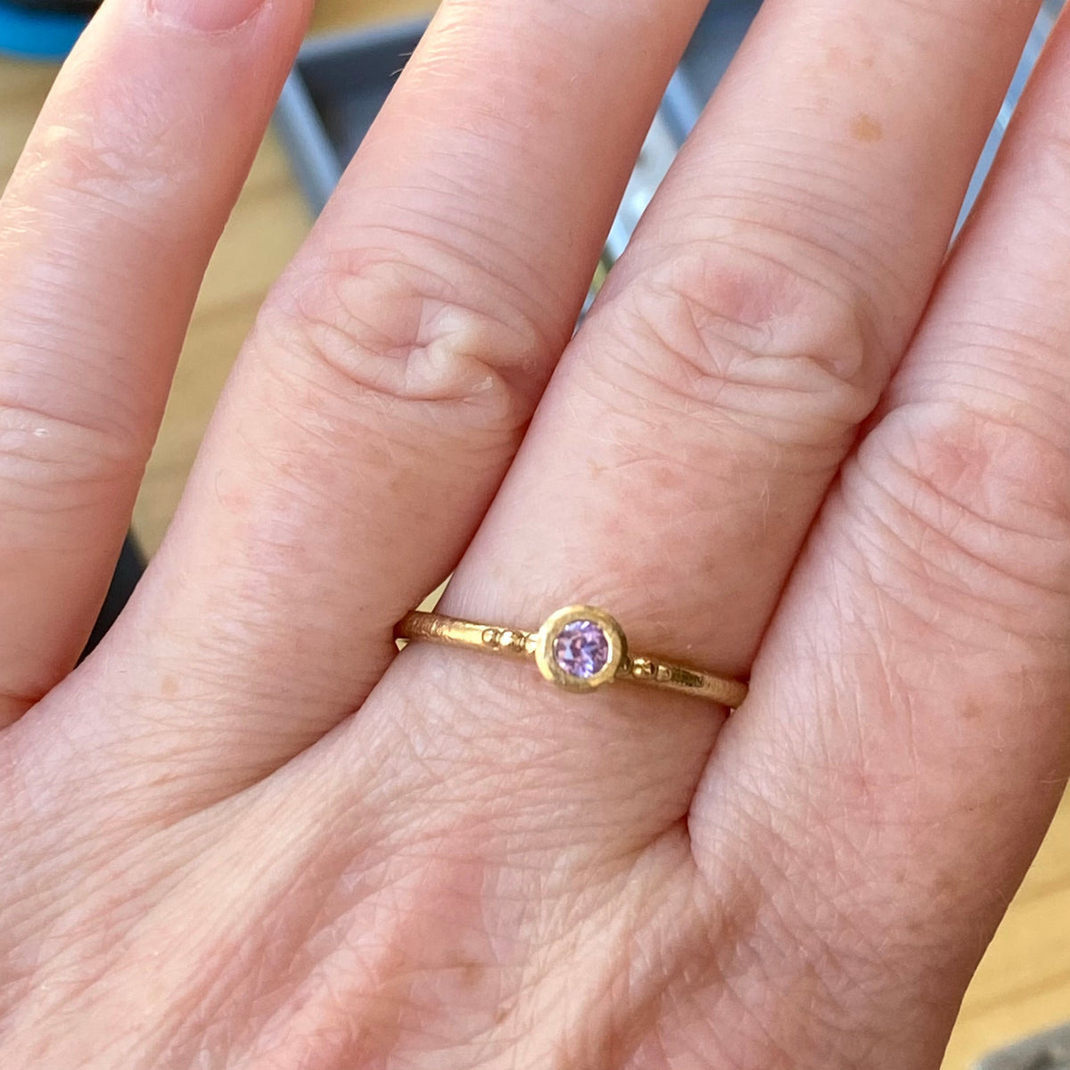 Victoria V-Cone Shaped Stacker | 9ct Gold Stacking Ring With Granules | Pink Purple Sapphire | Size P