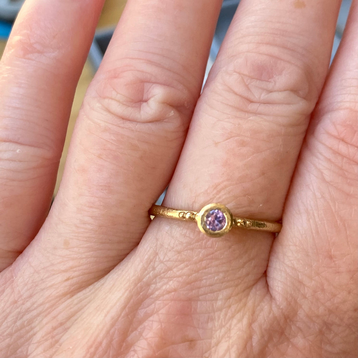 Victoria V-Cone Shaped Stacker | 9ct Gold Stacking Ring With Granules | Pink Purple Sapphire | Size P