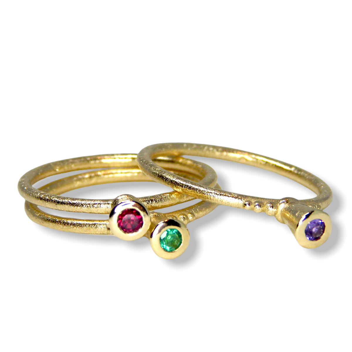 Victoria&#39;s Custom Bespoke Victoria Stacker Ring Set  | In 9ct Yellow Gold | Set With An Emerald, Lilac Sapphire And Rhodolite Garnet