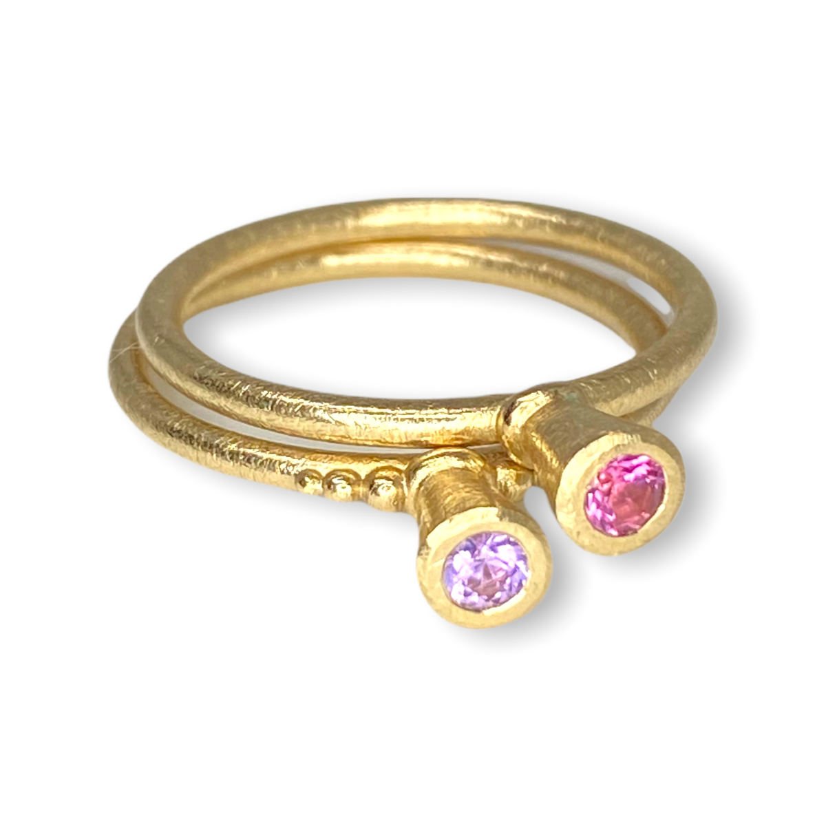 Victoria V-Cone Shaped Stacker | 9ct Gold Stacking Ring With Granules | Pink Purple Sapphire | Size P