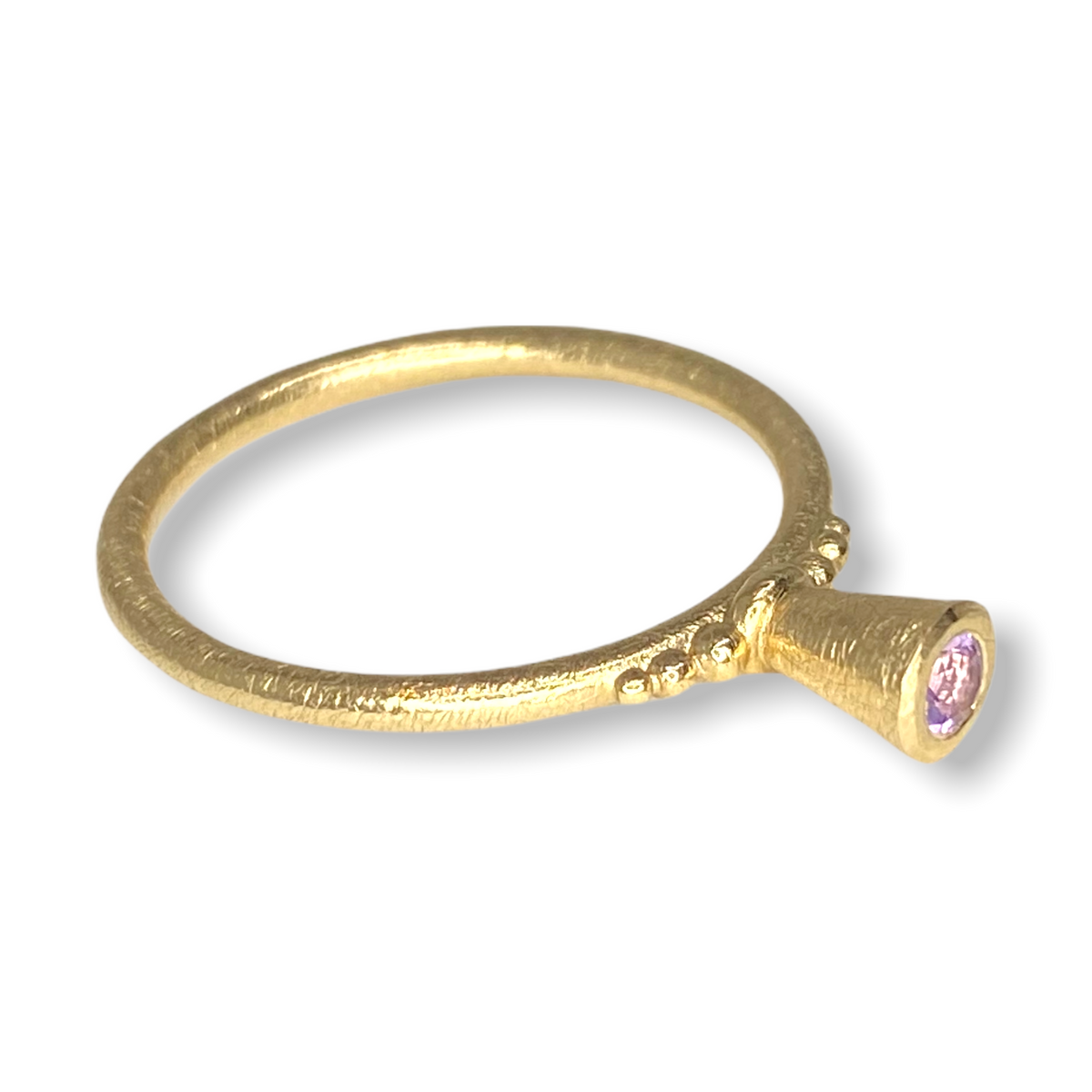 Victoria V-Cone Shaped Stacker | 9ct Gold Stacking Ring With Granules | Pink Purple Sapphire | Size P