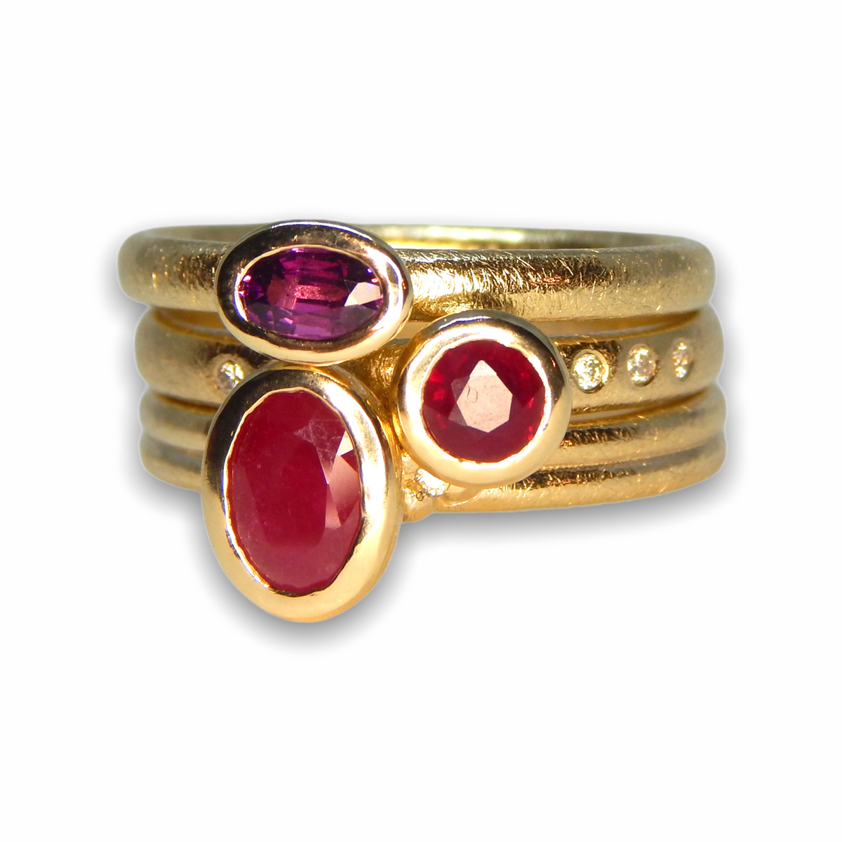 Charlotte&#39;s Custom Bespoke Red Stacker Ring Set  | In 9ct Yellow Gold | Set With A Lilac Sapphire, Pink Sapphire, Rhodolite Garnet, Ruby And Diamonds