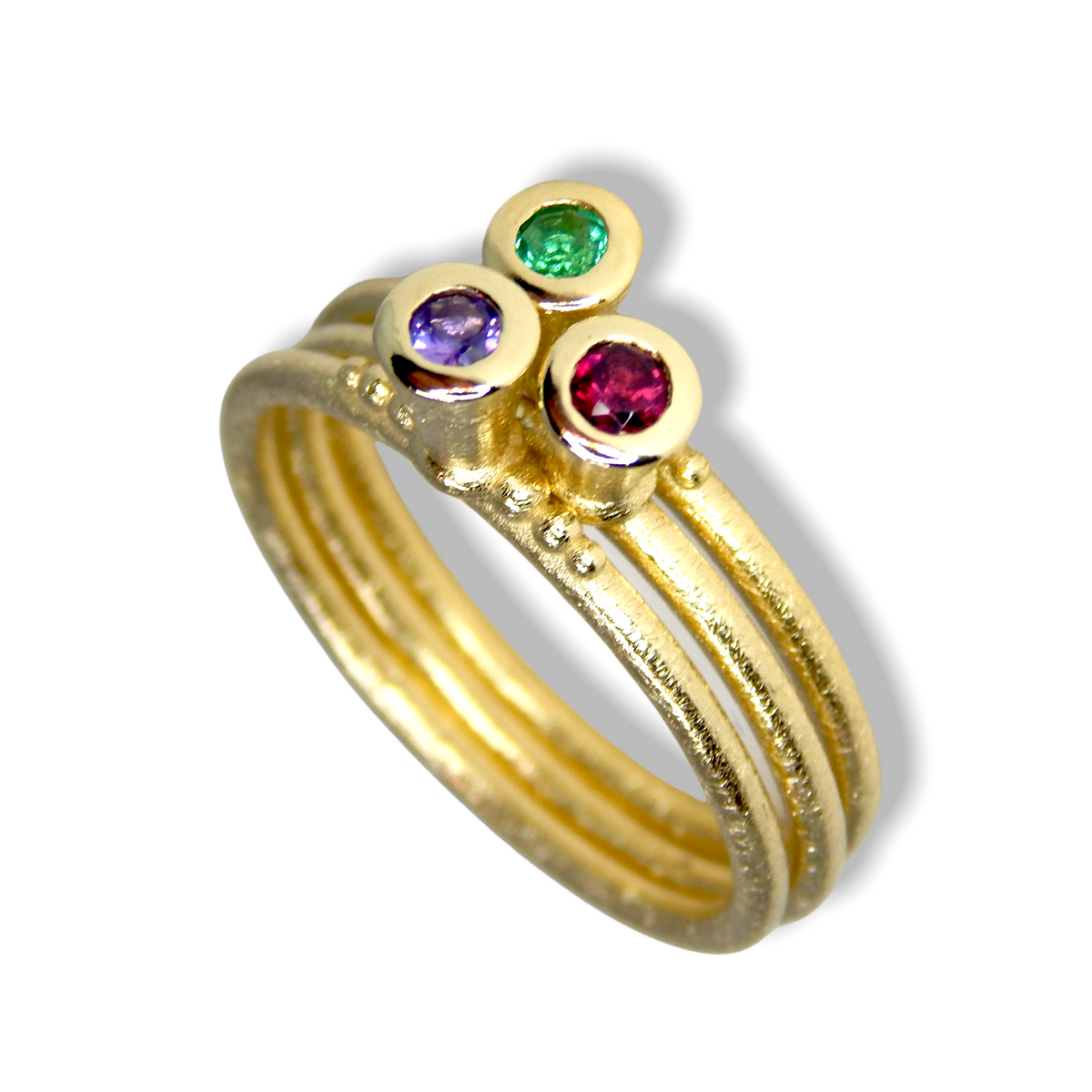 Victoria&#39;s Custom Bespoke Victoria Stacker Ring Set  | In 9ct Yellow Gold | Set With An Emerald, Lilac Sapphire And Rhodolite Garnet