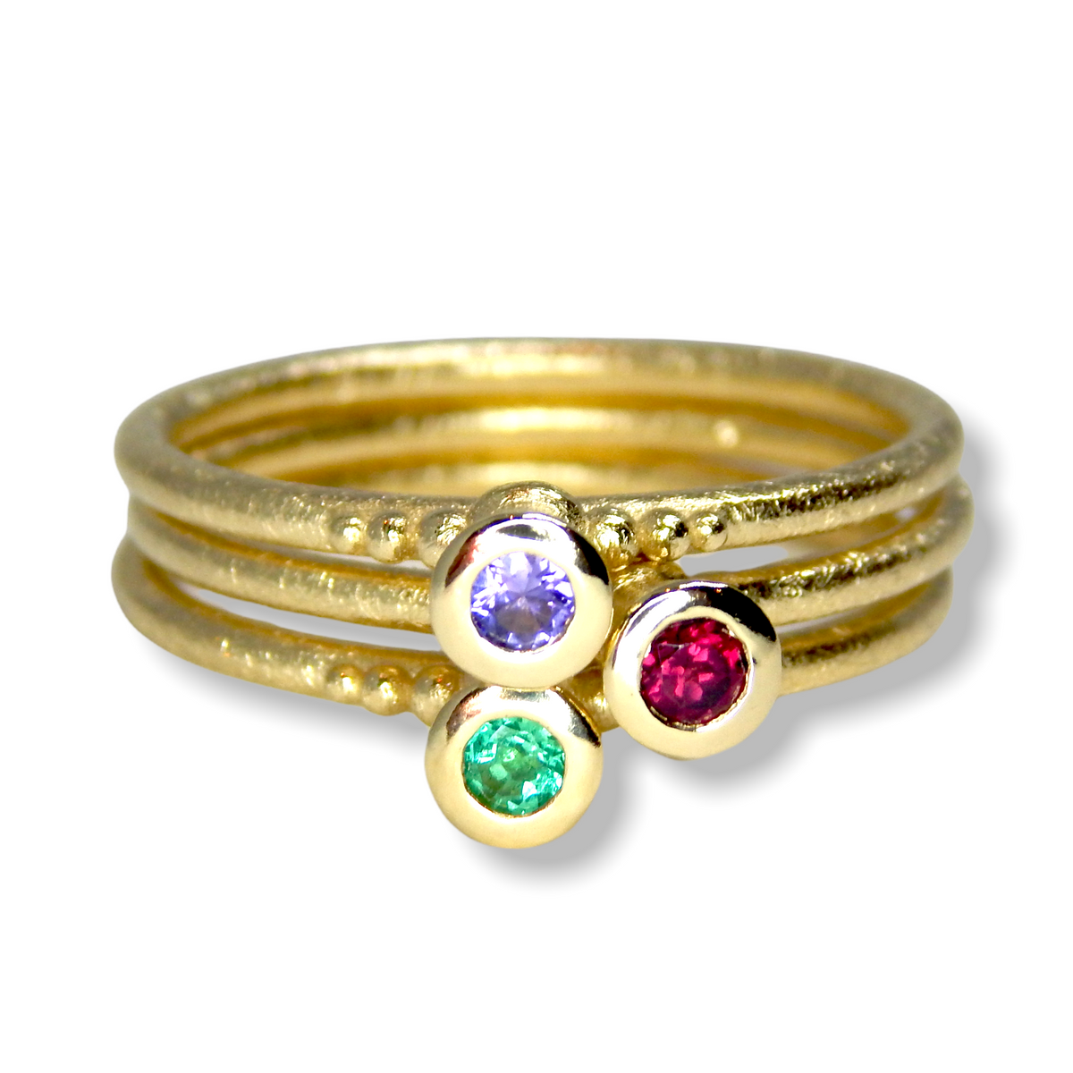 Victoria&#39;s Custom Bespoke Victoria Stacker Ring Set  | In 9ct Yellow Gold | Set With An Emerald, Lilac Sapphire And Rhodolite Garnet