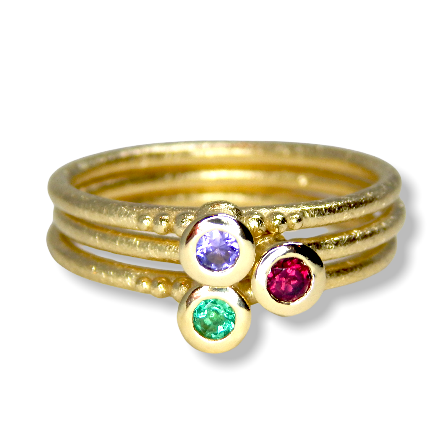 Victoria's Custom Bespoke Victoria Stacker Ring Set  | In 9ct Yellow Gold | Set With An Emerald, Lilac Sapphire And Rhodolite Garnet