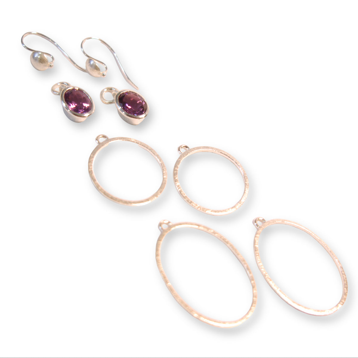 Heather&#39;s Custom Bespoke Mix N Match Circular And Oval Framed Charm Earrings  | In Silver | Set With Amethysts