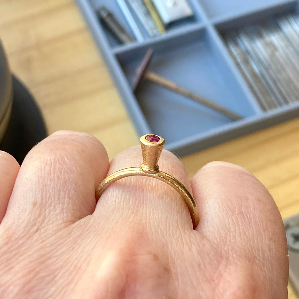 Victoria V-Cone Shaped Stacker | 9ct Gold Stacking Ring | Pink Tourmaline | Size P½
