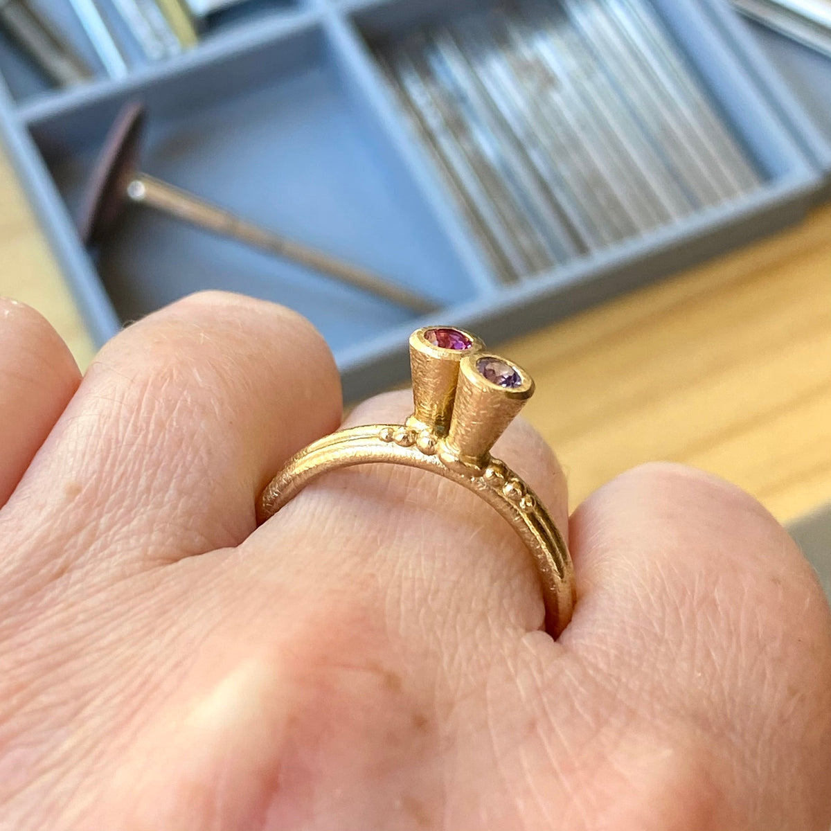 Victoria V-Cone Shaped Stacker | 9ct Gold Stacking Ring With Granules | Pink Purple Sapphire | Size P