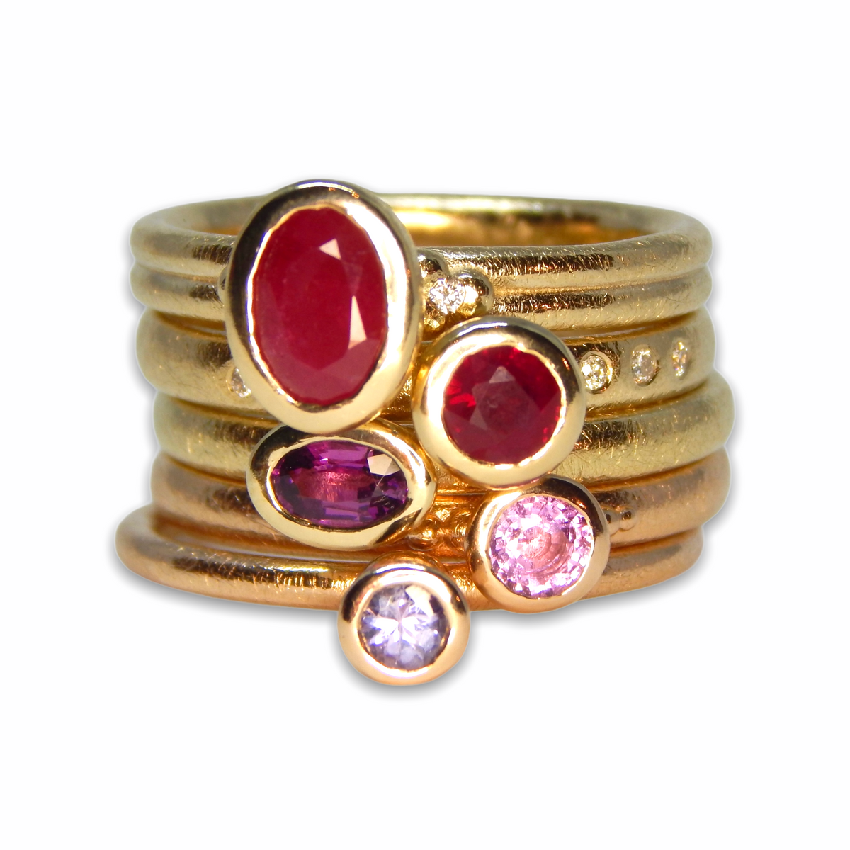 Charlotte&#39;s Custom Bespoke Red Stacker Ring Set  | In 9ct Yellow Gold | Set With A Lilac Sapphire, Pink Sapphire, Rhodolite Garnet, Ruby And Diamonds
