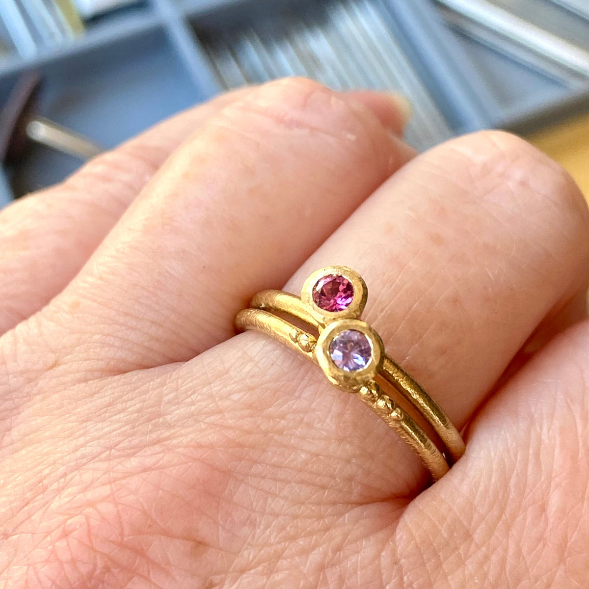 Victoria V-Cone Shaped Stacker | 9ct Gold Stacking Ring With Granules | Pink Purple Sapphire | Size P