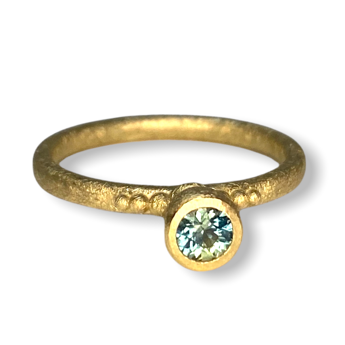 Tulip Tall Cone Shaped Stacker | 9ct Gold Stacking Ring With Granules | Australian Colour Changing Teal Parti Sapphire | Size O½