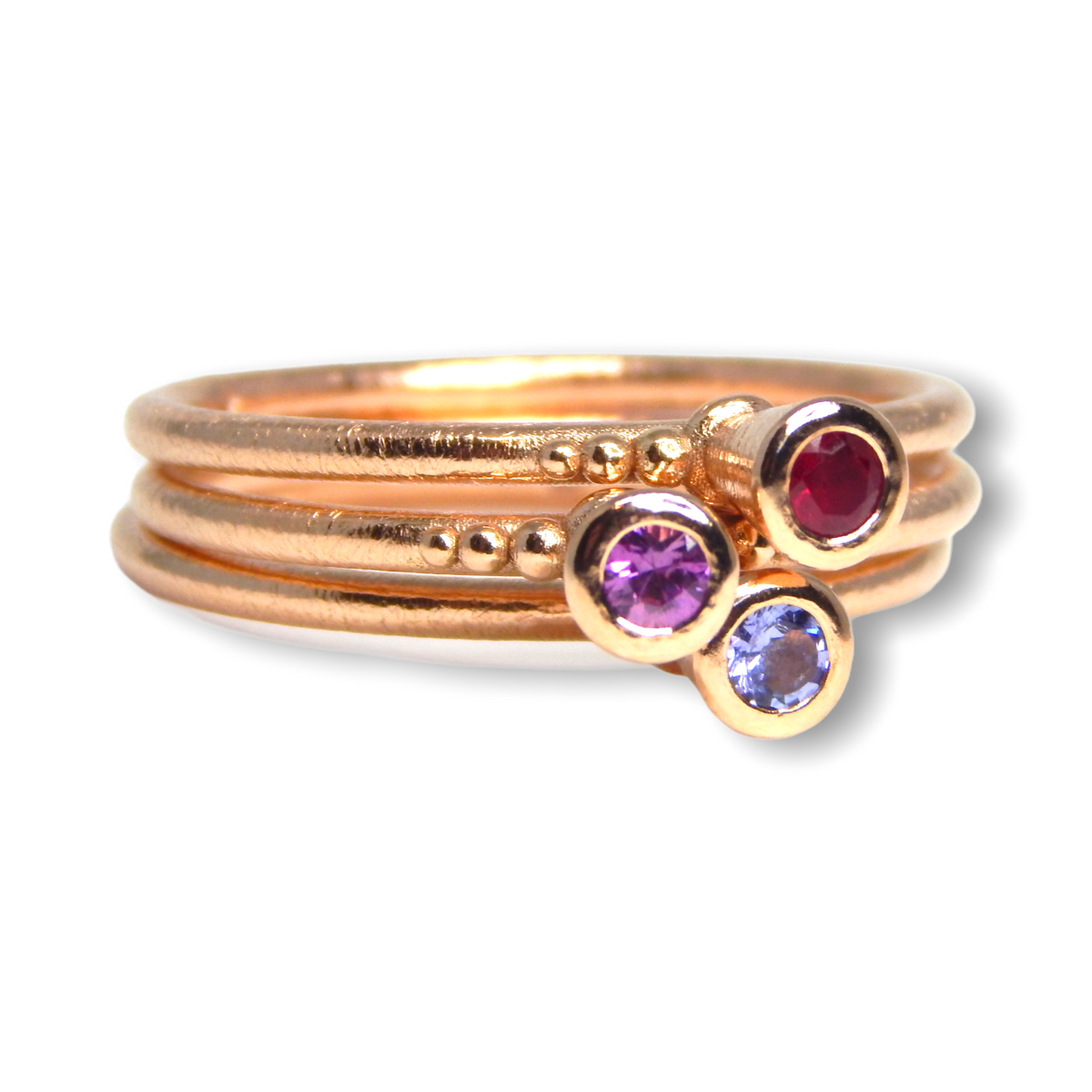 Victoria&#39;s Custom Bespoke Victoria Stacker Ring Set  | In 9ct Red Gold | Set With A Pink Sapphire, Ruby And Tanzanite